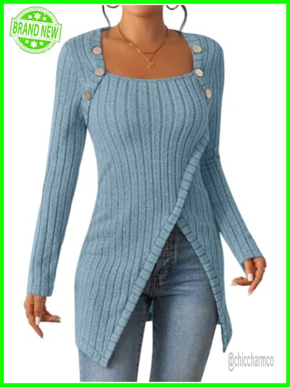 Women's Lightweight Long Sleeve Tunic Top Square Neck Asymmetrical Hem Casual